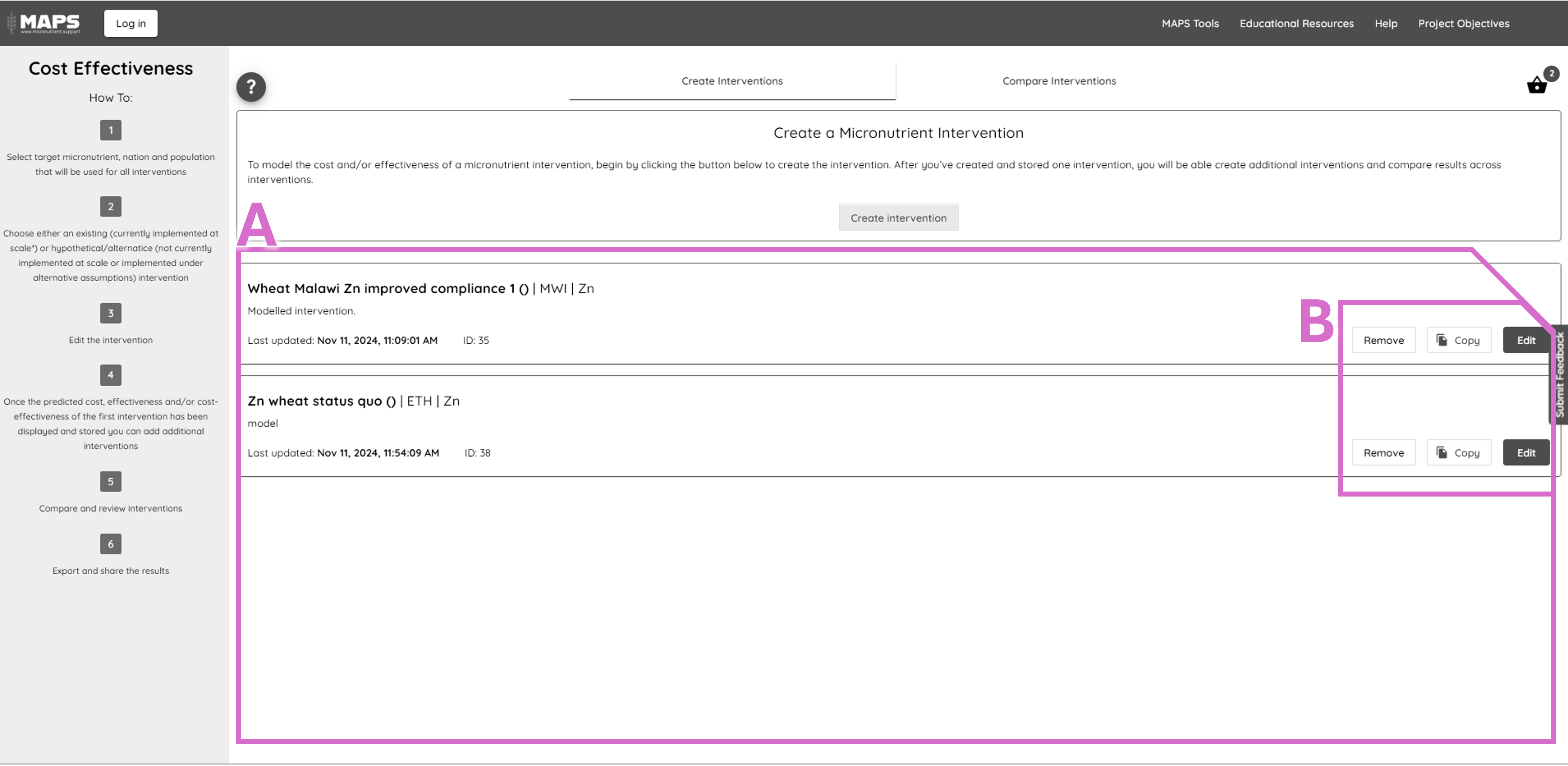 The initial window for Cost & Effectiveness modelling, with index of saved user models