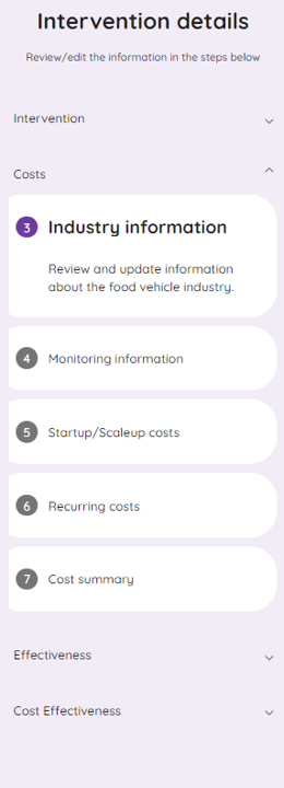 Cost and effectiveness model navigation pane (left side of overall page)