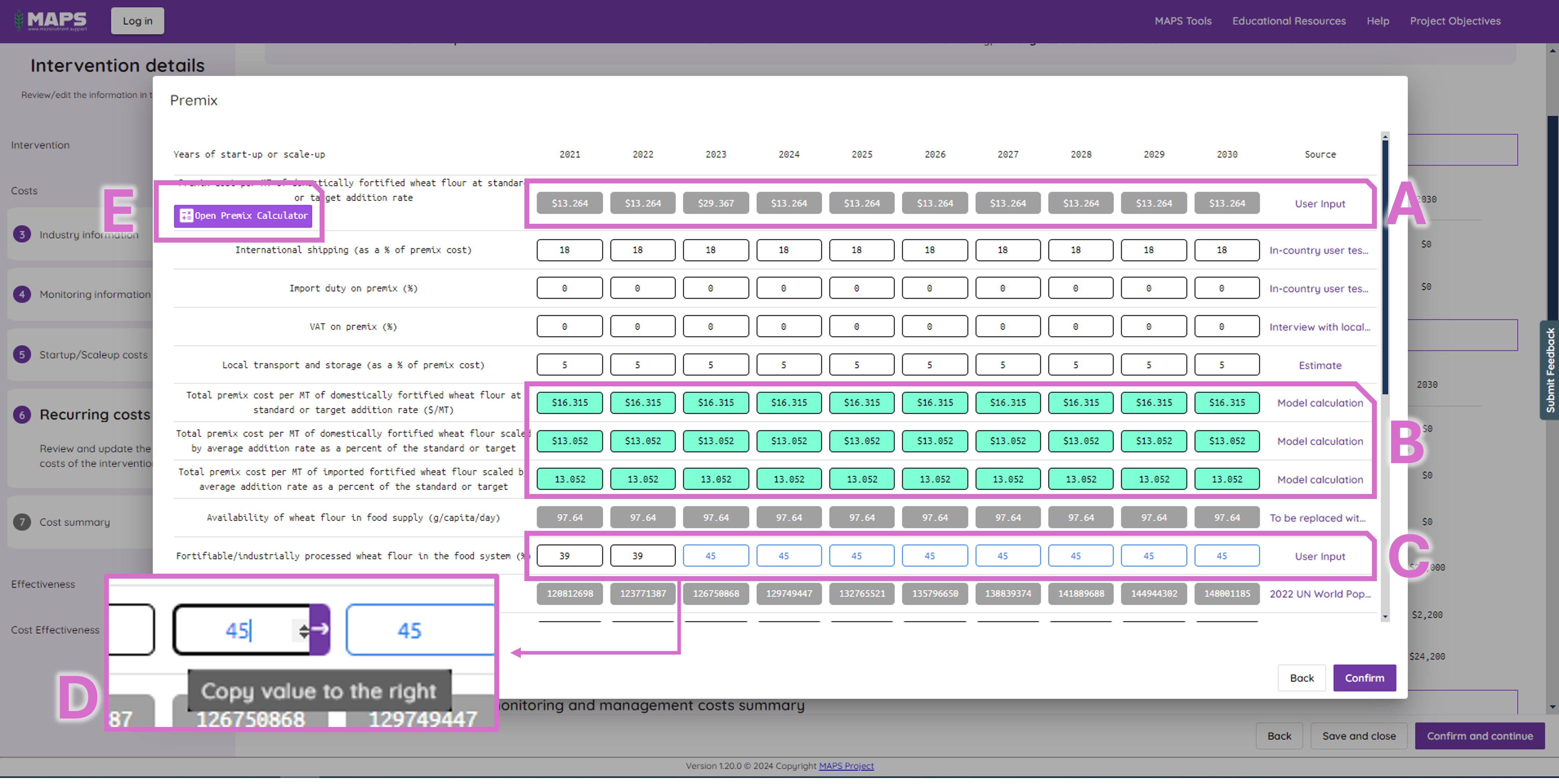 Example of model default, calculated and editable data features.