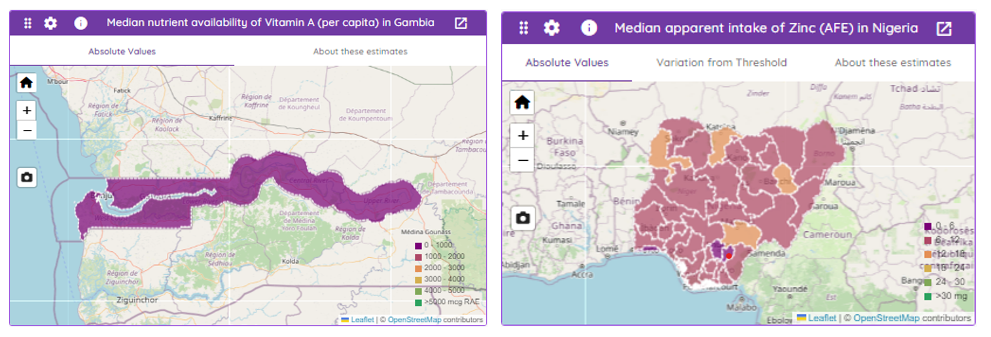 Mapped presentation of either national (left image) or sub-national (right) image data