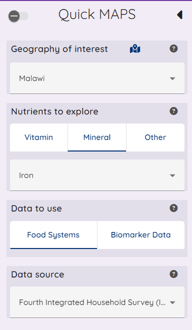 QuickMAPS baseline sidebar with biomarker option available