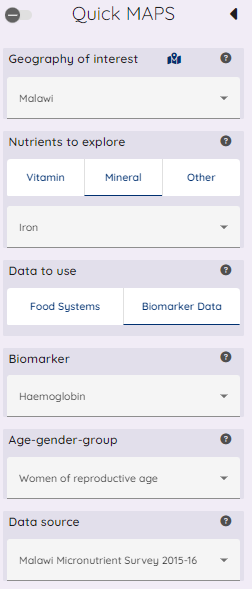 QuickMAPS baseline sidebar with specific data options visible