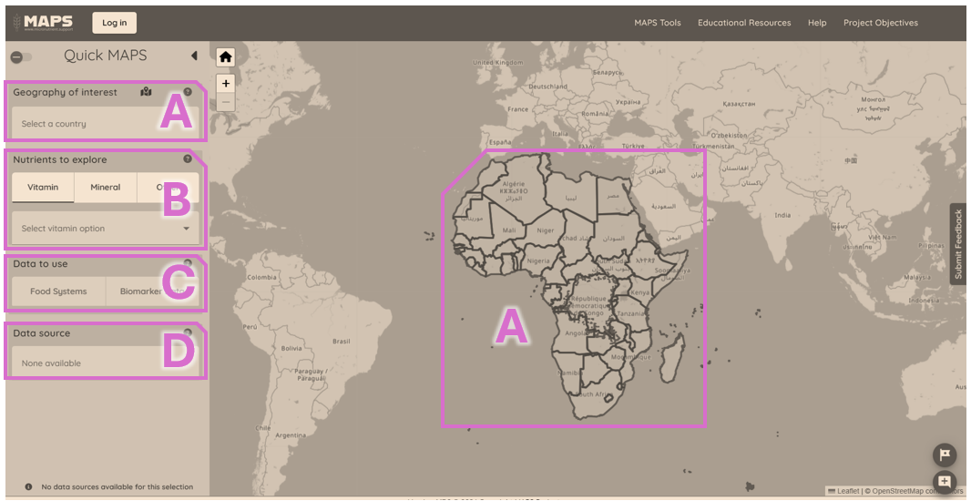 QuickMAPS country and micronutrient selection options